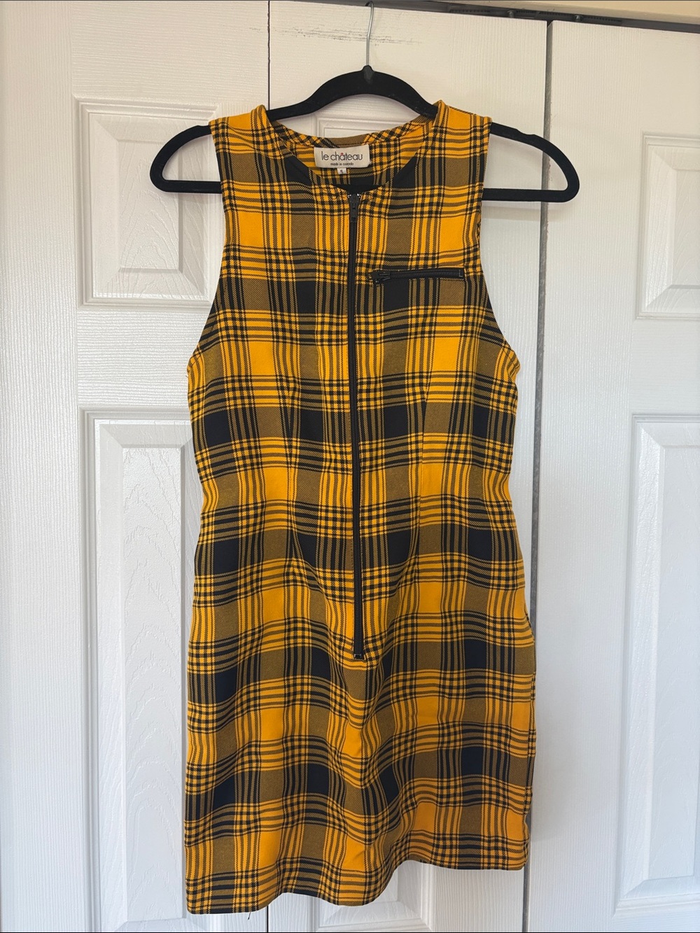VTG 90s Le Chateau Yellow Plaid Zipper Mini Dress Size 5 Made in Canada